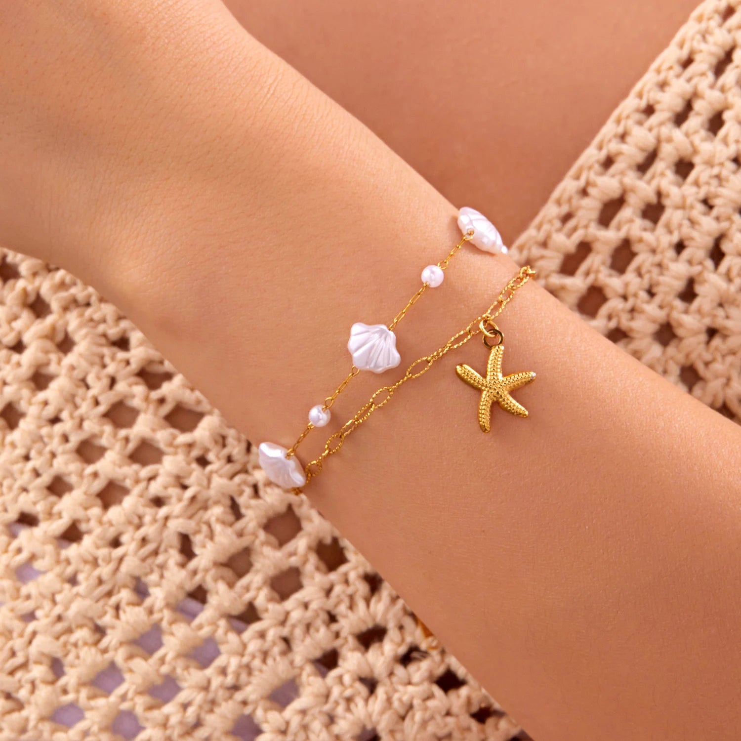 CowLost | ocean-series-stainless-steel-starfish-pendant-necklace-for-women-trendy-summer-beach-double-layer-beads-chain-choker-jewelry |7