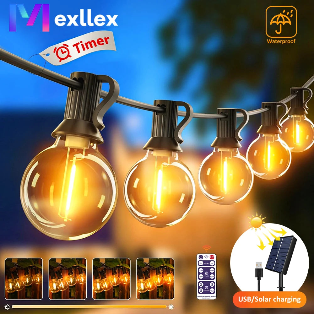 Mexllex 15.5M G40 Solar LED String Lights Outdoor Waterproof with 8 Modes for Patio Balcony Wedding