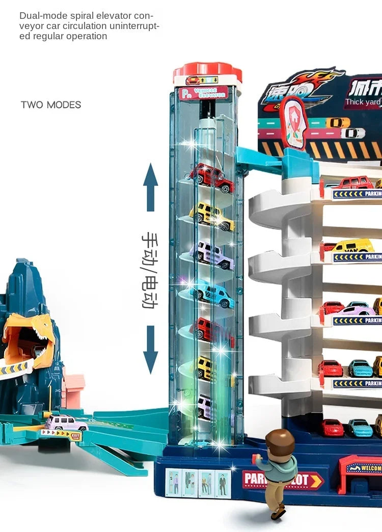 Dinosaur Electric Rail Car Racing Toy Interactive Mechanical Parking Lot for Children