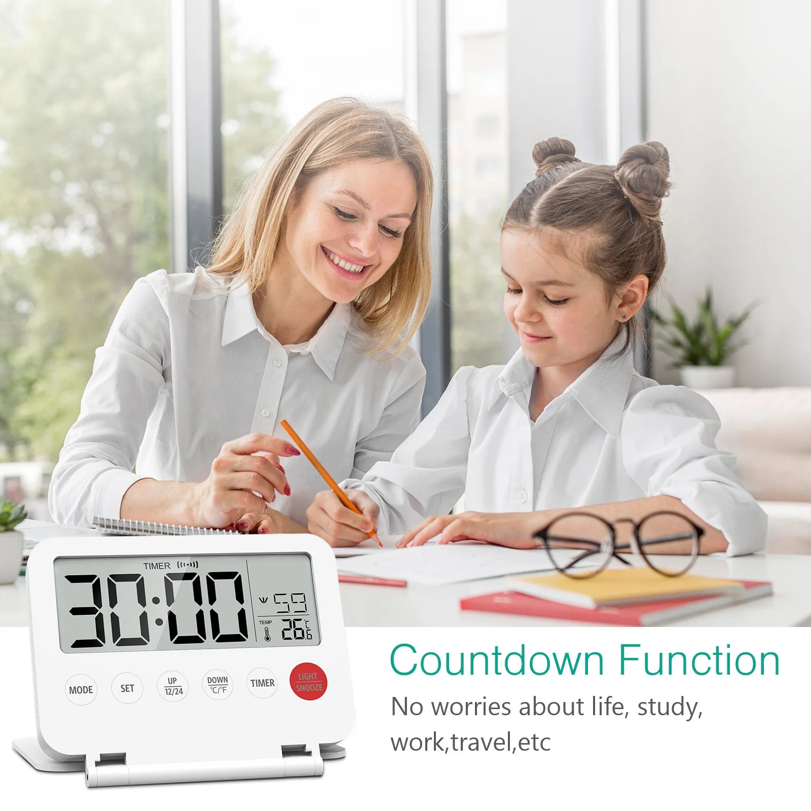 ORIA Digital Foldable LCD Alarm Clock with Calendar, Temperature, Timer – Battery Operated for Travel, Home, Office