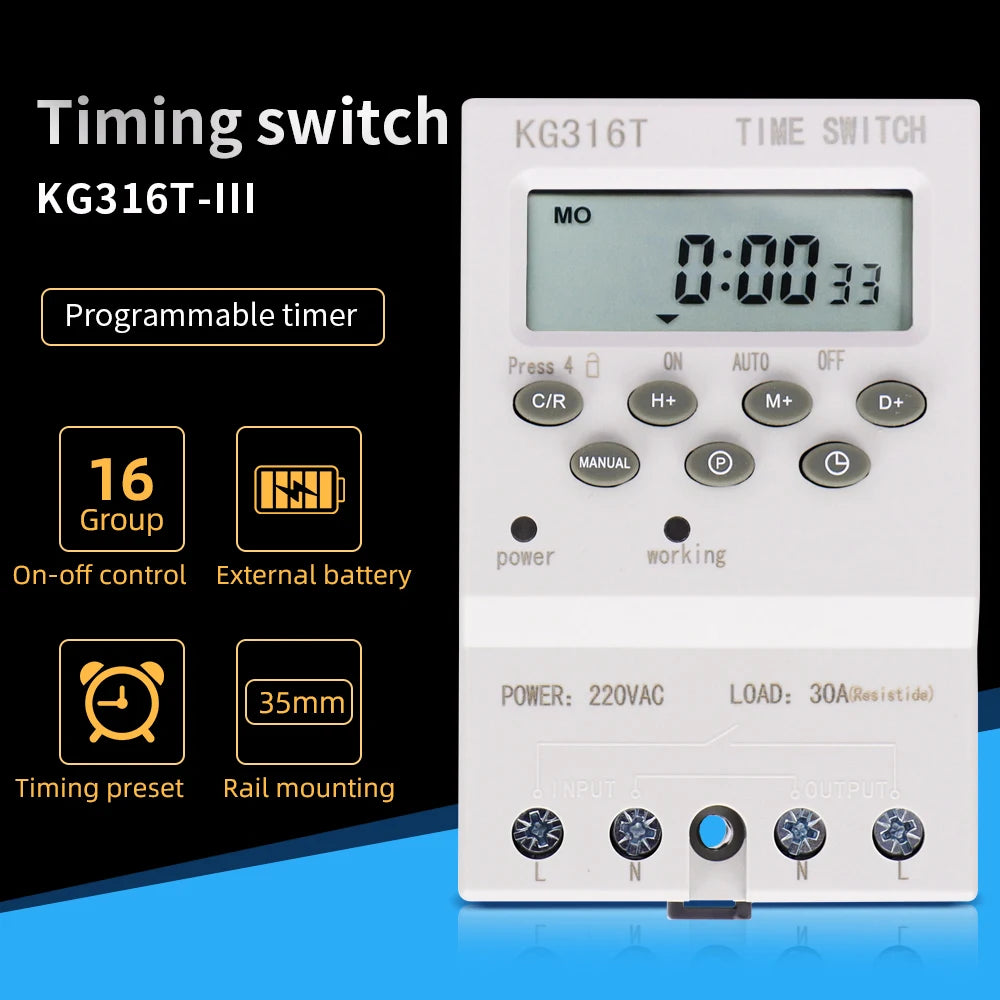 Digital 7-Day Programmable Timer Relay 220V 25/30A with Power Outage Memory