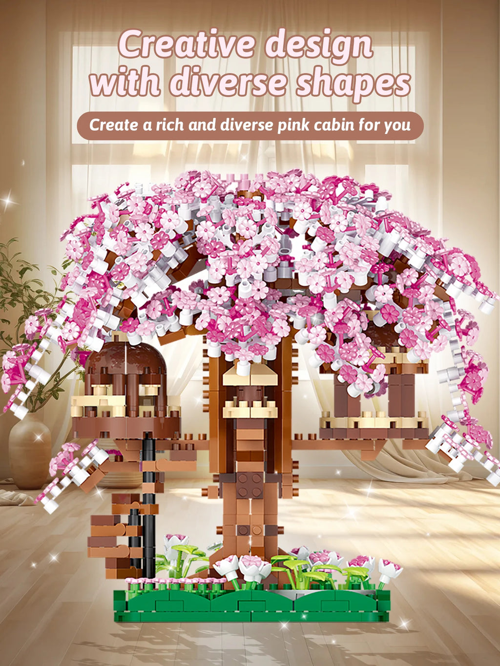 CowLost | product_id-pink-cherry-blossom-rainbow-treehouse-building-block-toy-for-parent-child-assembly |7