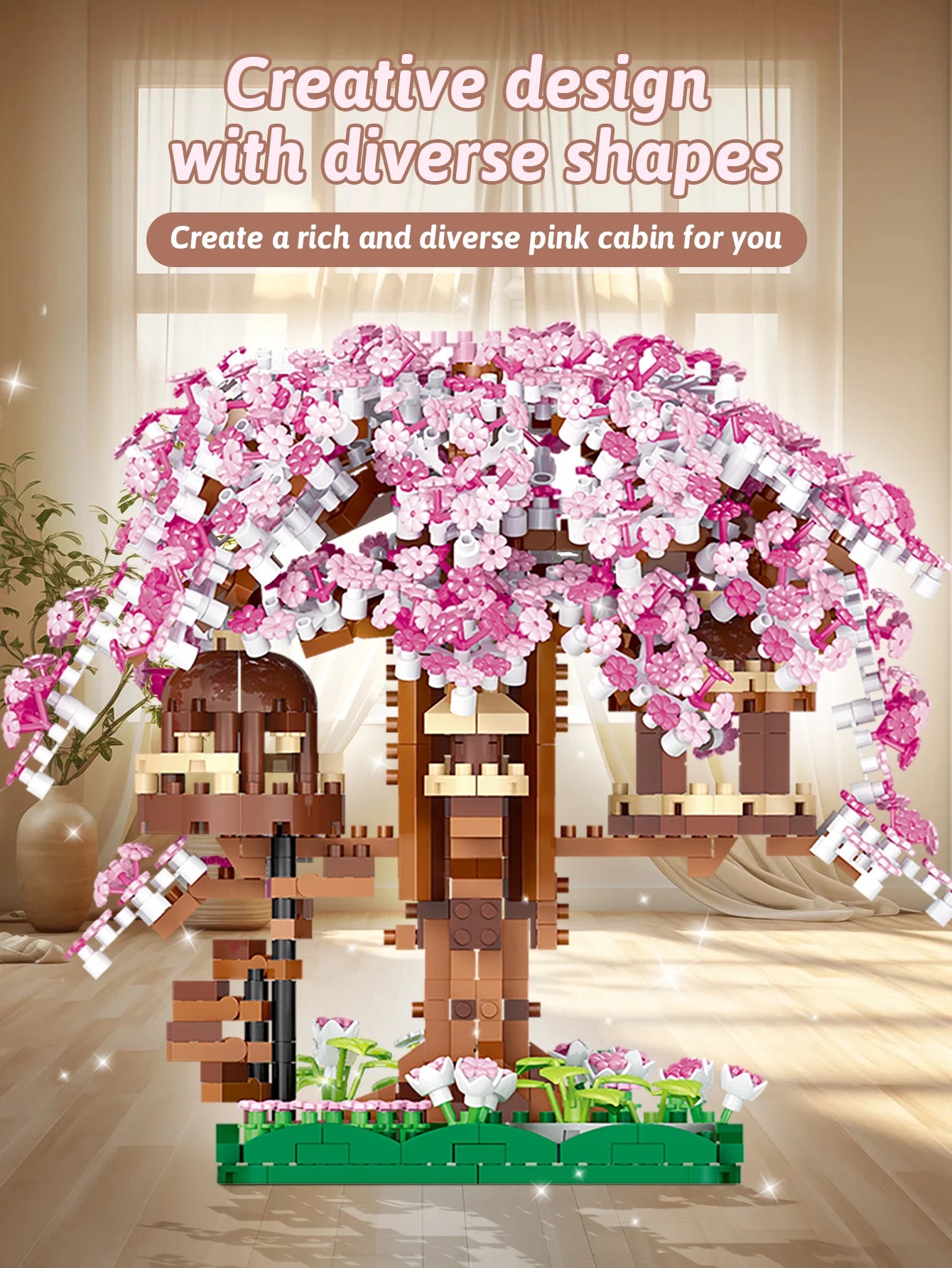 CowLost | product_id-pink-cherry-blossom-rainbow-treehouse-building-block-toy-for-parent-child-assembly |7