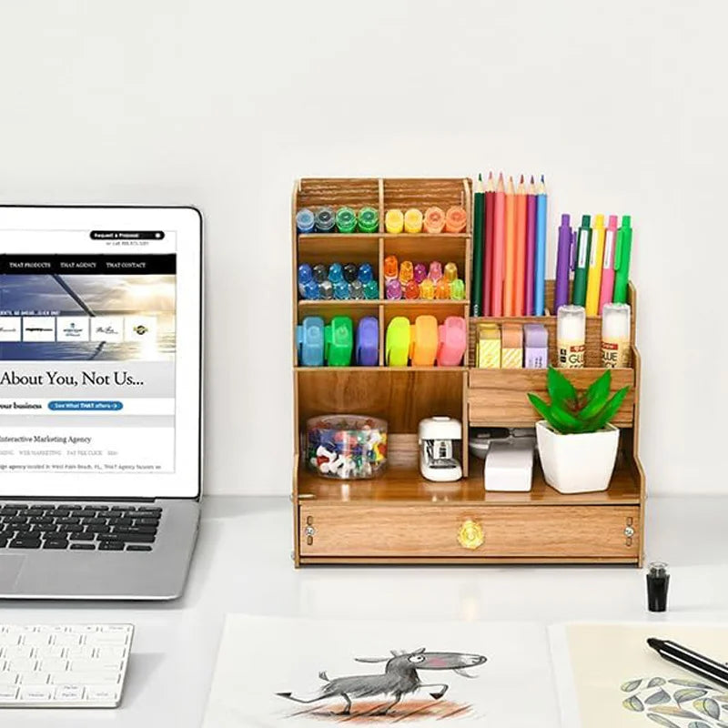CowLost | wooden-desk-organiser-diy-desktop-tidy-pen-holder-large-capacity-stationery-storage-box-with-drawer-for-home-office-and-school |14