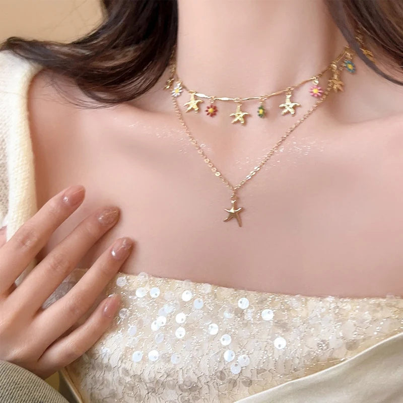 CowLost | bohemia-double-layer-daisy-clavicle-chain-necklace-for-women-colorful-flower-starfish-pendant-metal-chain-choker-party-jewelry |1