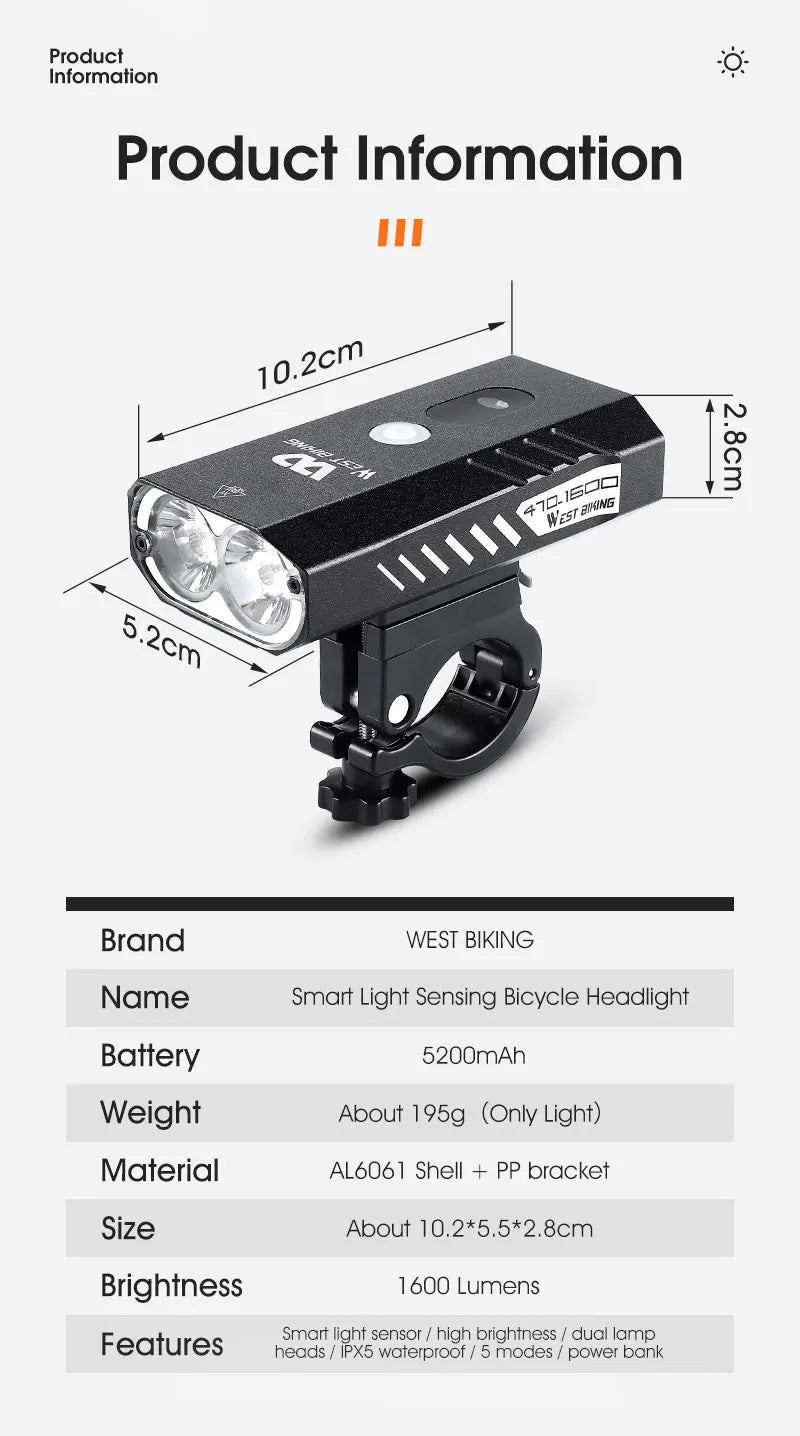CowLost | west-biking-bike-front-light-induction-bicycle-bright-light-usb-charging-flashlight-cycling-waterproof-torch-bike-headlight |34