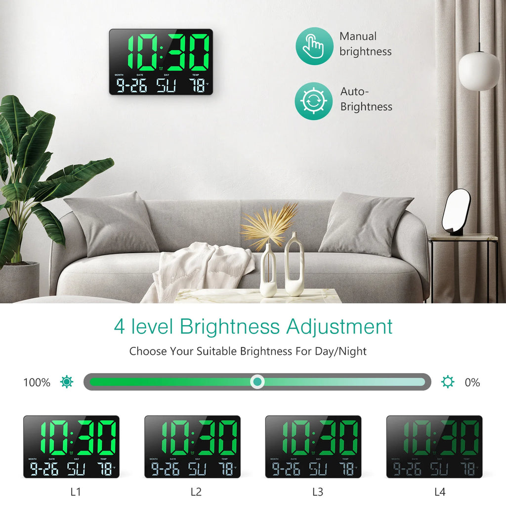 ORIA 11.5" Large USB Powered Digital LED Wall Clock with Calendar, 12/24H Time, Alarm, and Temp Display