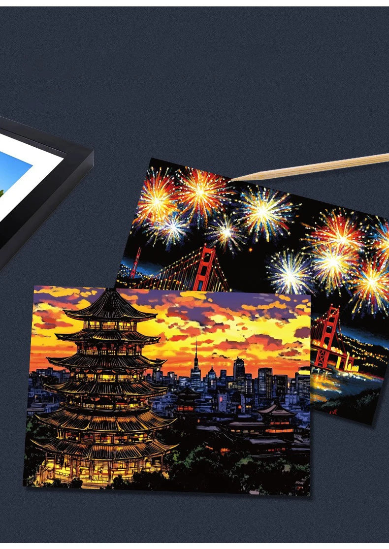 CowLost | product_id-4-pcs-a4-diy-scratch-painting-set-urban-landscapes-character-illustrations |17