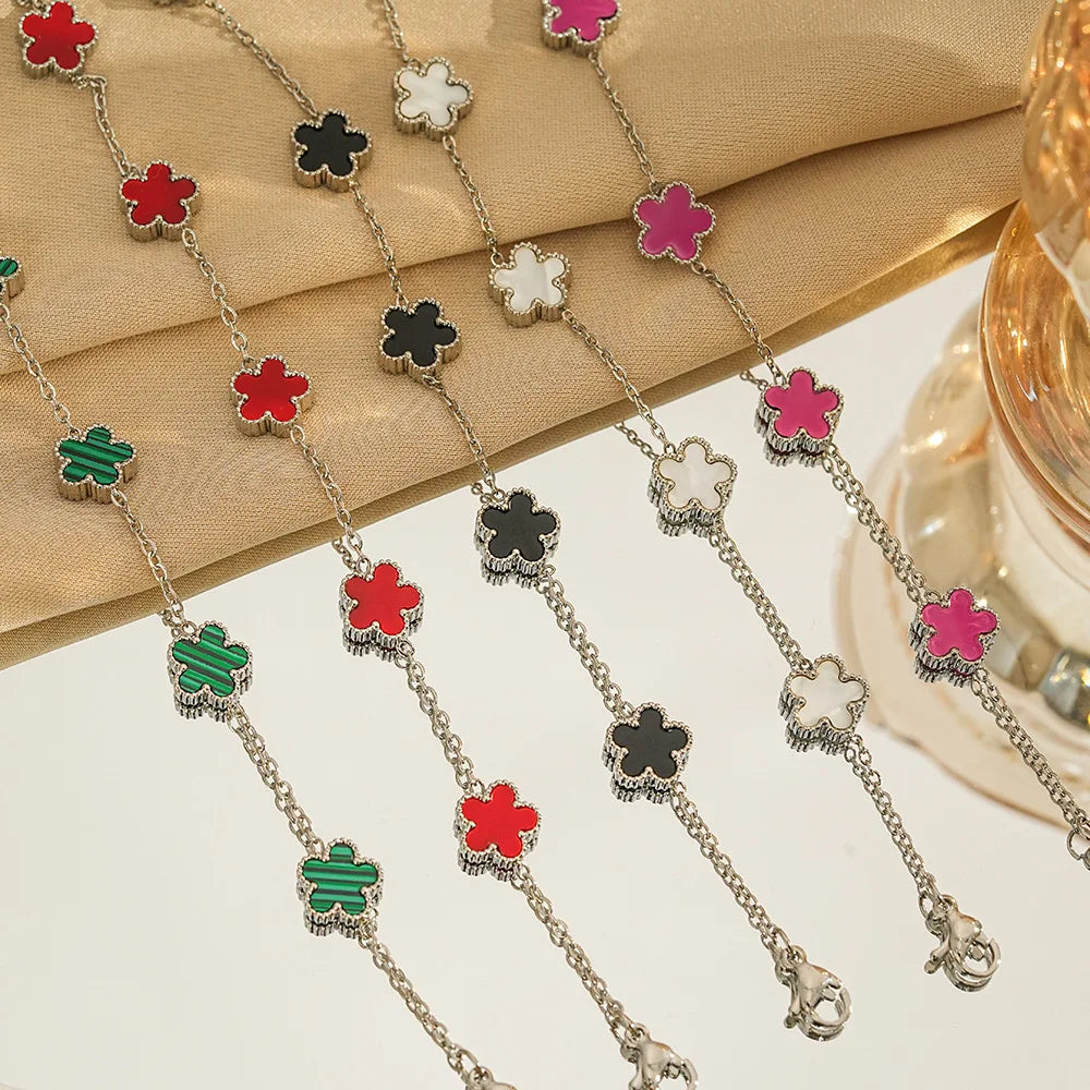 Silver Gold Color Five Leaf Flower Stainless Steel Bracelet Women's Pentalobe Plum Blossom