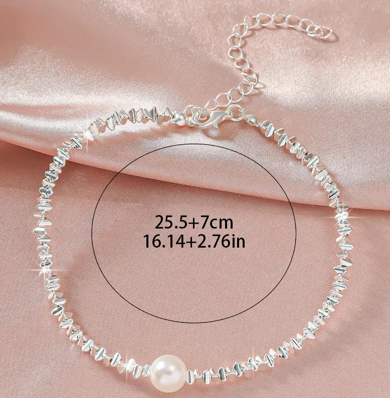 Silver Anklet Double Layer Zircon Cross Pearl Beach Jewelry for Women