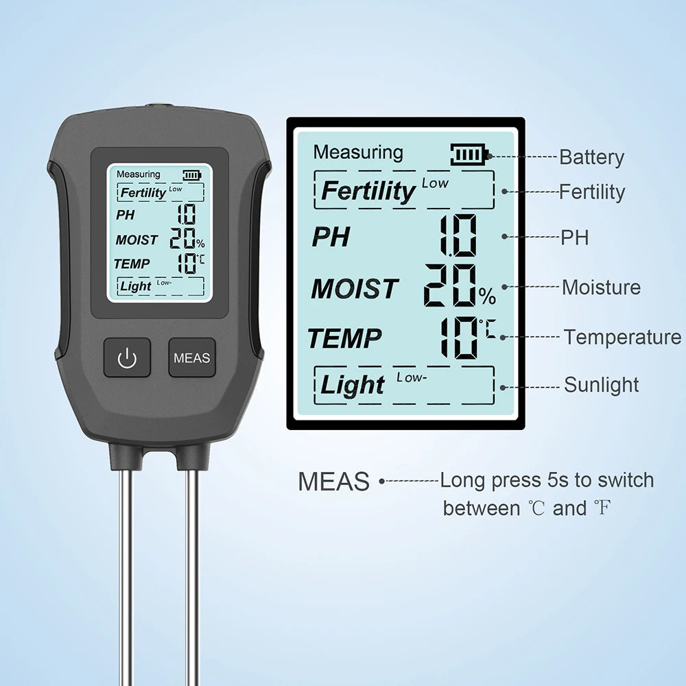 5-in-1 Digital Soil Meter PH Moisture Fertility Temp Sunlight Tester for Garden Greenhouse
