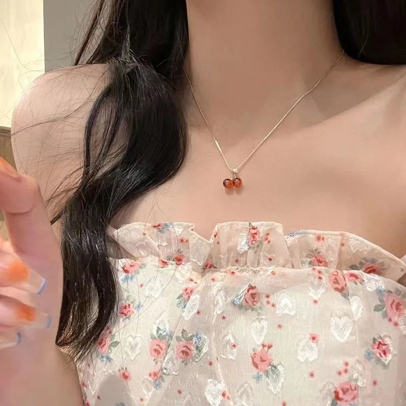Wine Red Cherry Pendant Necklace for Women Fashion Party Jewelry Gift
