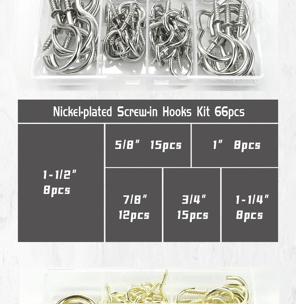 CowLost | nindejin-66pcs-heavy-duty-screw-hooks-kit-carbon-steel |10