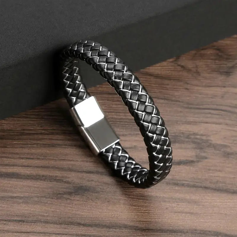 CowLost | jiayiqi-punk-men-jewelry-black-braided-leather-bracelet-stainless-steel-magnetic-clasp |17