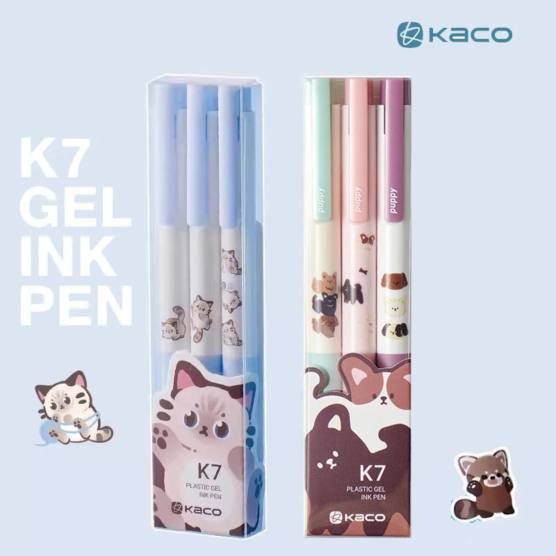 CowLost | product_id-kaco-cute-happy-puppy-gel-pen-set-3pcs-k7-push-0-5mm-black-ink-quick-drying-gel-ink-pen-papeleria-for-girls |1