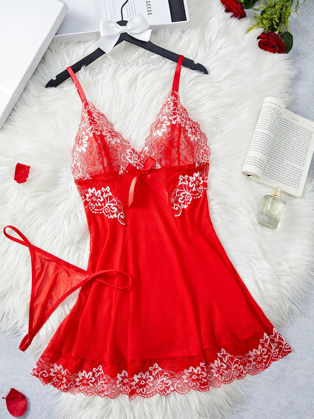 CowLost | red-contrast-mesh-lace-lingerie-set-deep-v-transparent-slip-nightdress-thong-pijamas-set |9