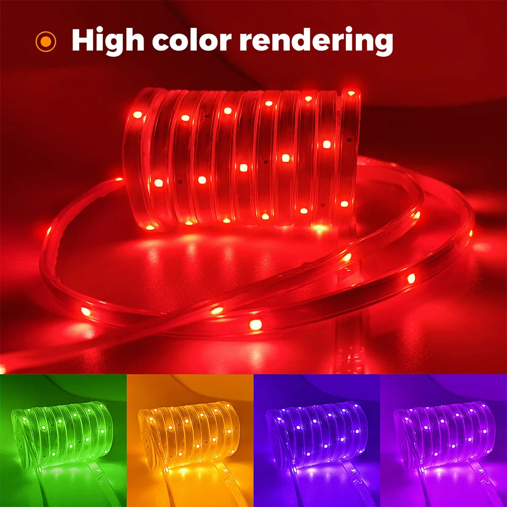 30M/20M RGB 5050 LED Strip IP65 Waterproof Silicone Tape with APP & 44-Key Remote, Music Sync, Color Change for Pool & Balcony