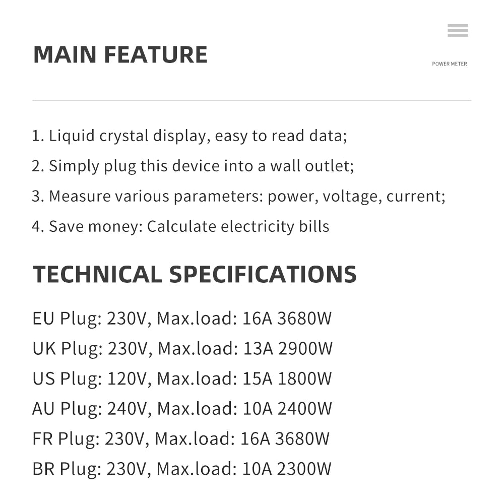 Digital Wattmeter AC Power Meter Socket Analyzer 220V EU Plug Energy Voltmeter Ammeter Electricity Cost Monitor
