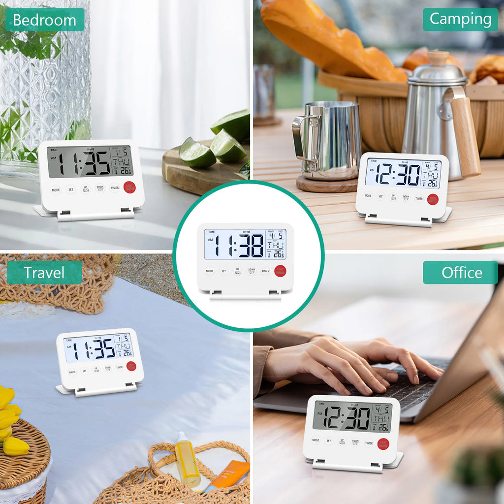 ORIA Digital Foldable LCD Alarm Clock with Calendar, Temperature, Timer – Battery Operated for Travel, Home, Office