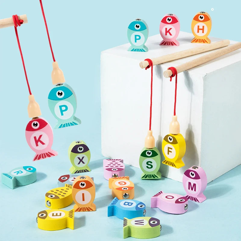 Kids Wooden Fishing Game Educational Alphabet Numeric Cognitive Toy with Magnet
