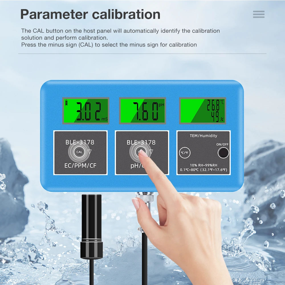 7-in-1 Digital Bluetooth Water Quality Tester PH/EC/TDS/ORP/CF/Humidity/Temp Meter with APP Control EU