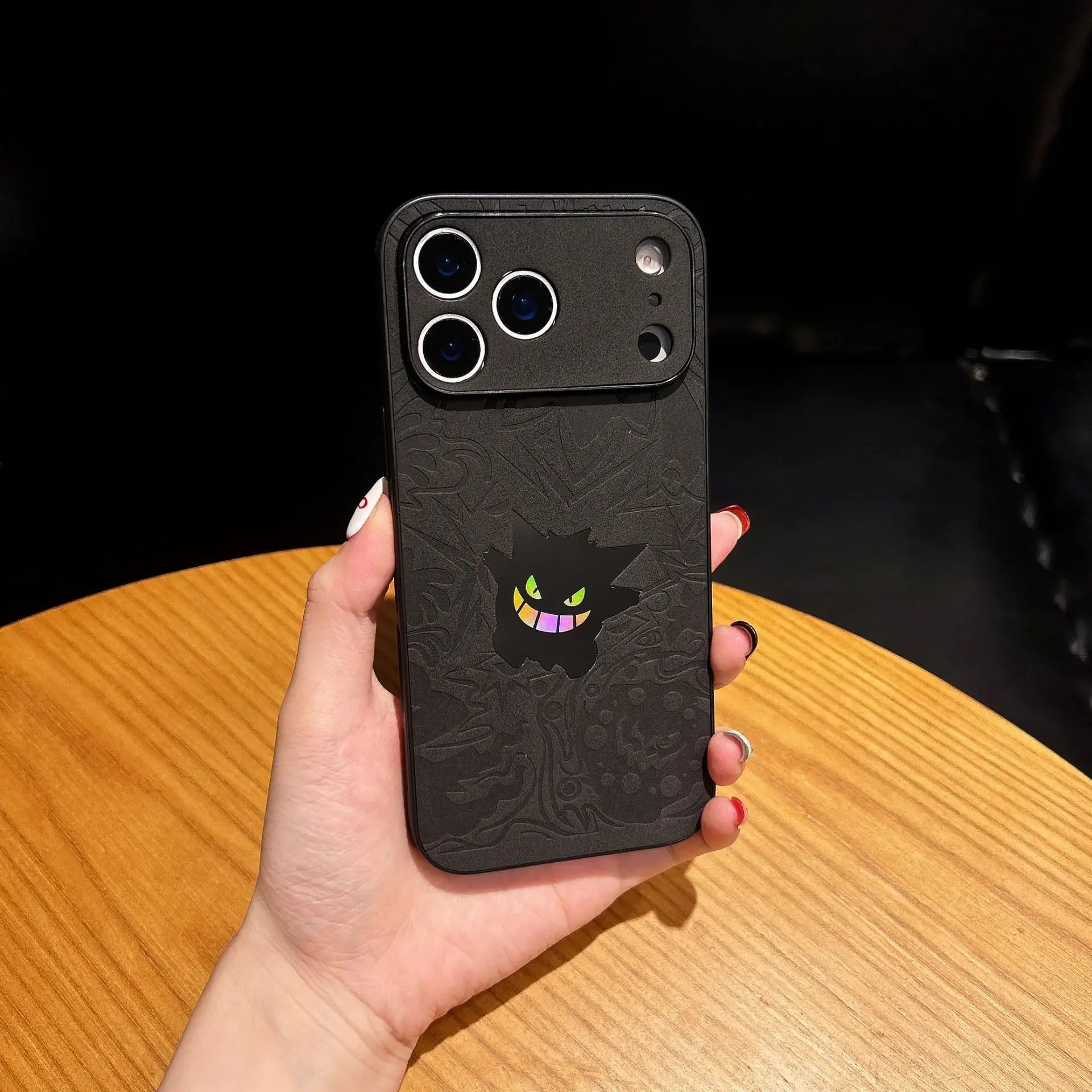 CowLost | cute-cartoon-gengar-laser-embossed-leather-texture-shockproof-phone-case-for-iphone-11-to-17-pro-max |11