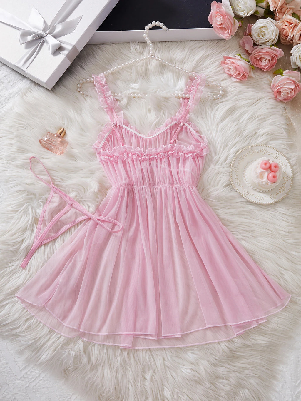 CowLost | women-perspective-mesh-nightdress-bow-wrapped-around-chest-pink-sexy-babydoll |3