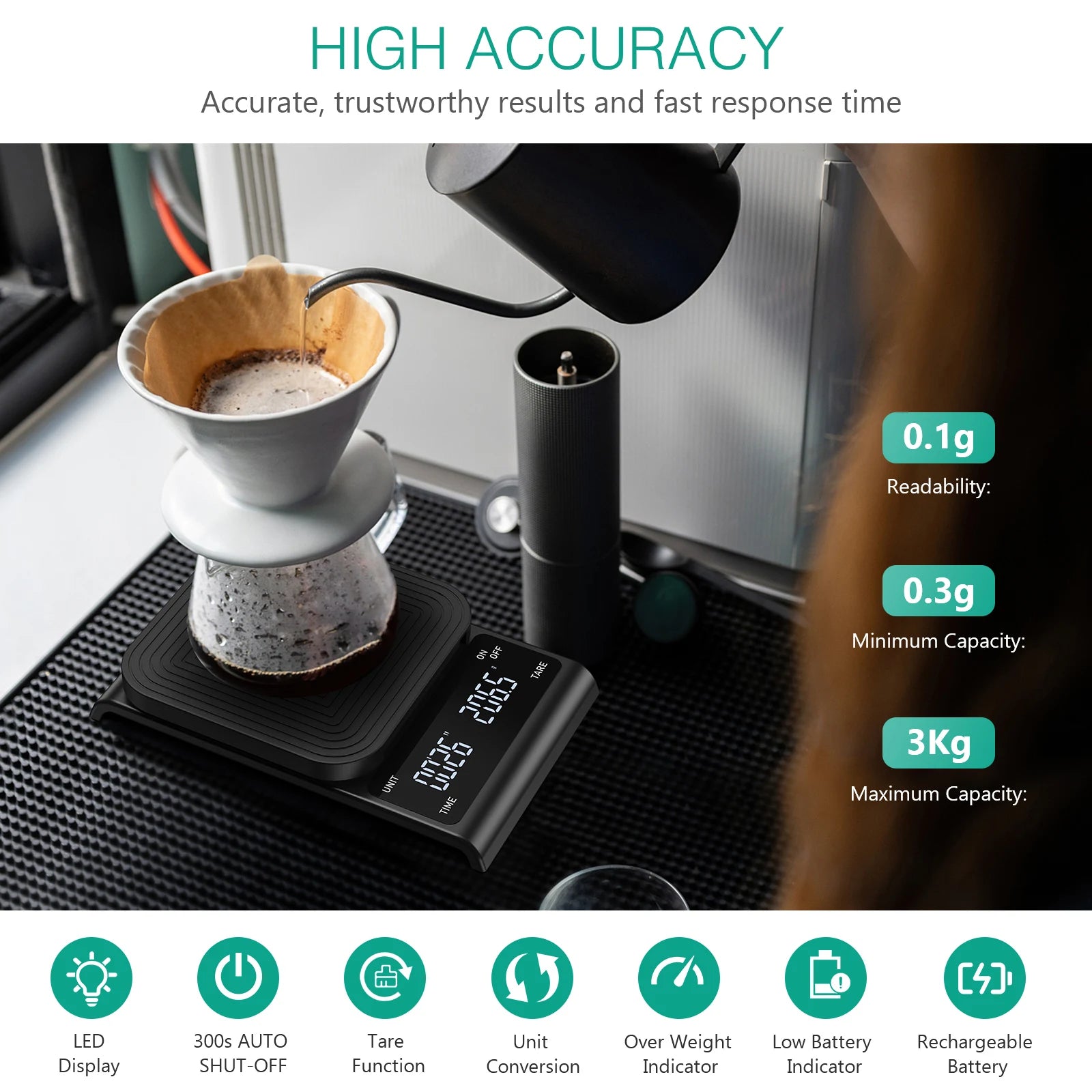 Digital Coffee Scale 3kg/0.1g Rechargeable Drip Espresso Scale with Timer for Kitchen