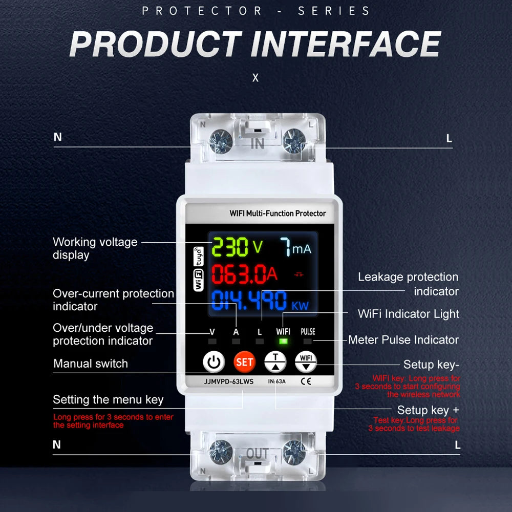 Tuya WiFi Smart Power Meter 63A Energy Switch with Automatic Protector and Voltage Tester