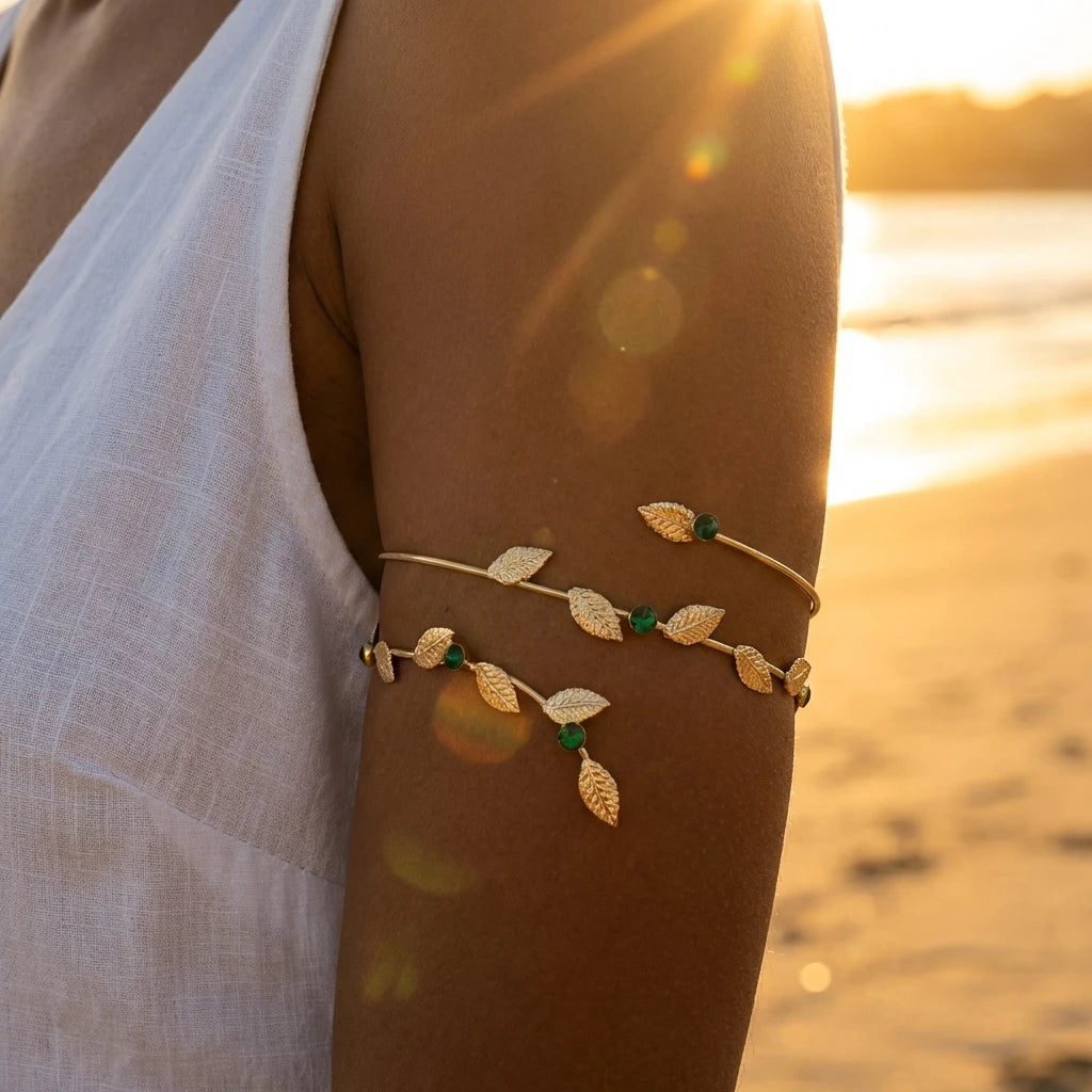 CowLost | boho-gold-color-leaf-upper-arm-cuff-bracelet-for-women-vintage-crystal-green-zircon-adjustable-armlet-bangle-festival-jewelry |1