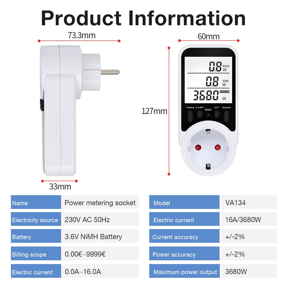 Digital Power Meter Socket 120-240V Wattmeter Energy Consumption Analyzer for Household Appliances
