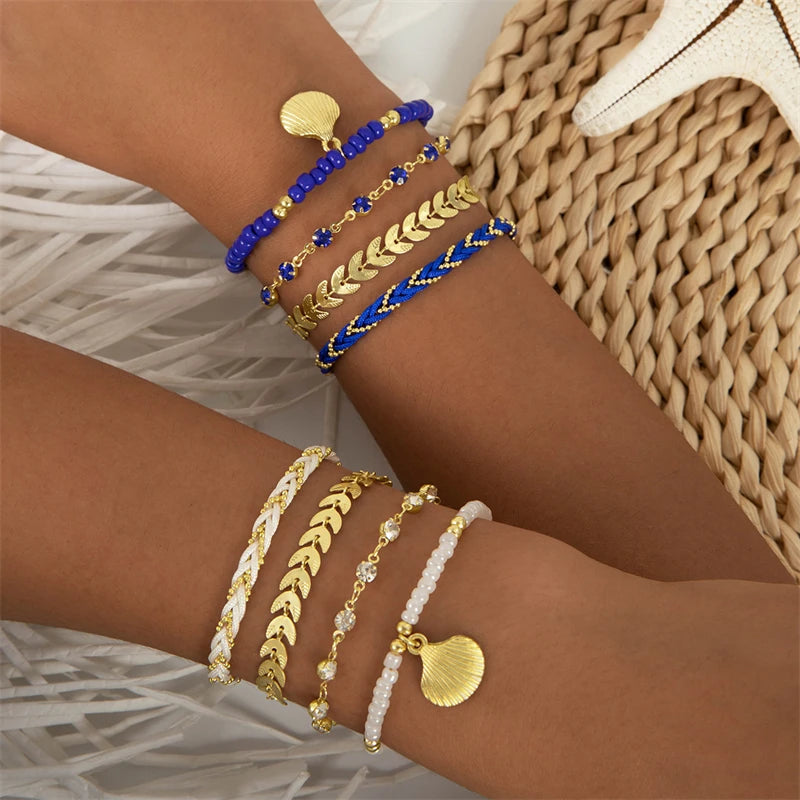 CowLost | 4pcs-set-bohemia-shell-bracelets-for-women-ethnic-style-colorful-zircon-rice-beads-metal-chain-bangles-girl-summer-beach-jewelry |2