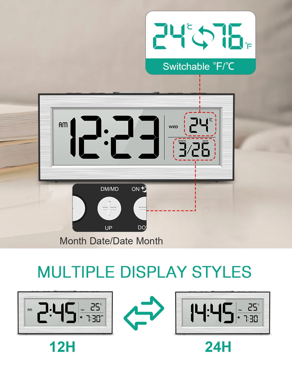 ORIA Digital LCD Alarm Clock Battery Powered with Date for Home Office Travel