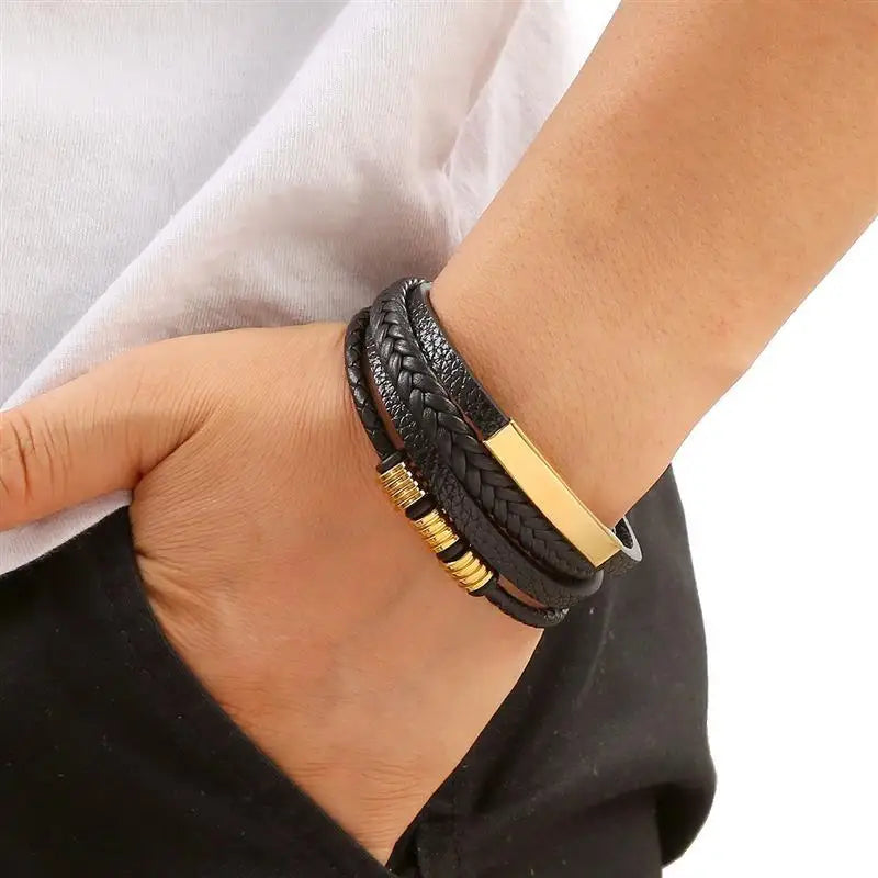 CowLost | punk-men-leather-bracelet-with-stainless-steel-magnetic-clasp-braided-mutilayer |5