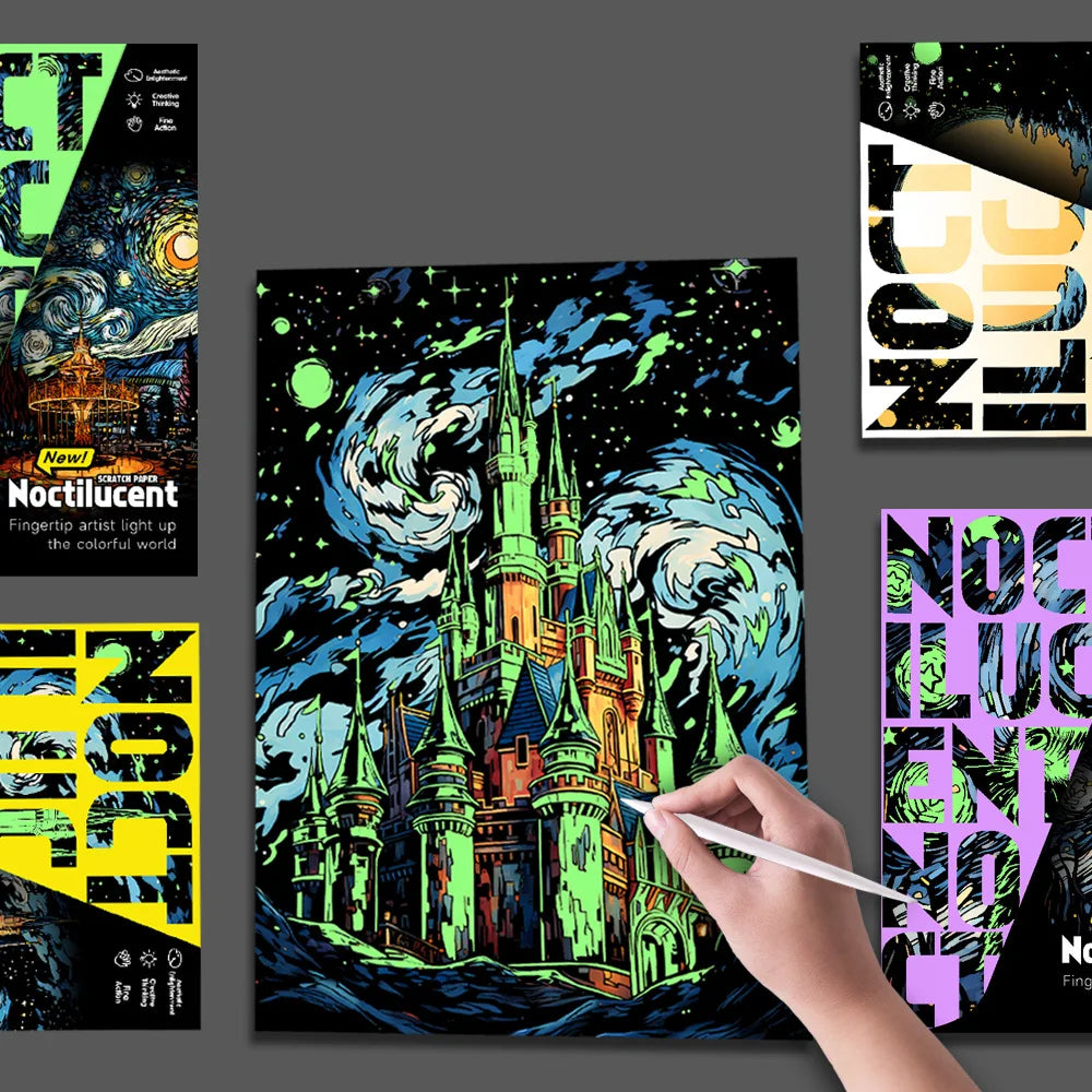 CowLost | product_id-a3-diy-noctilucent-scratch-painting-kit-castle-starry-cat-dolphin-landscape-night-scenes |1