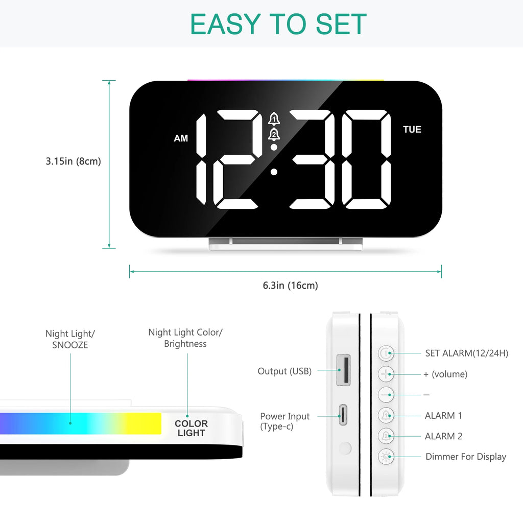 ORIA Digital Alarm Clock Large LED Display with 10 Color Night Light and Dual Alarms for Bedroom Office