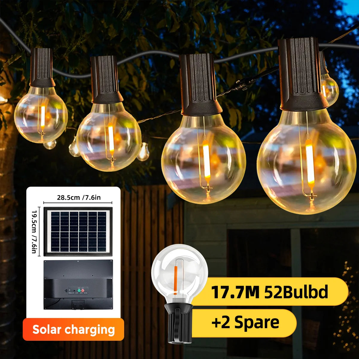 G40 Solar Globe String Lights Outdoor, 8 Modes, USB Charge, Remote, Waterproof for Balcony Wedding