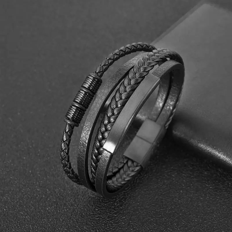 CowLost | punk-men-leather-bracelet-with-stainless-steel-magnetic-clasp-braided-mutilayer |45