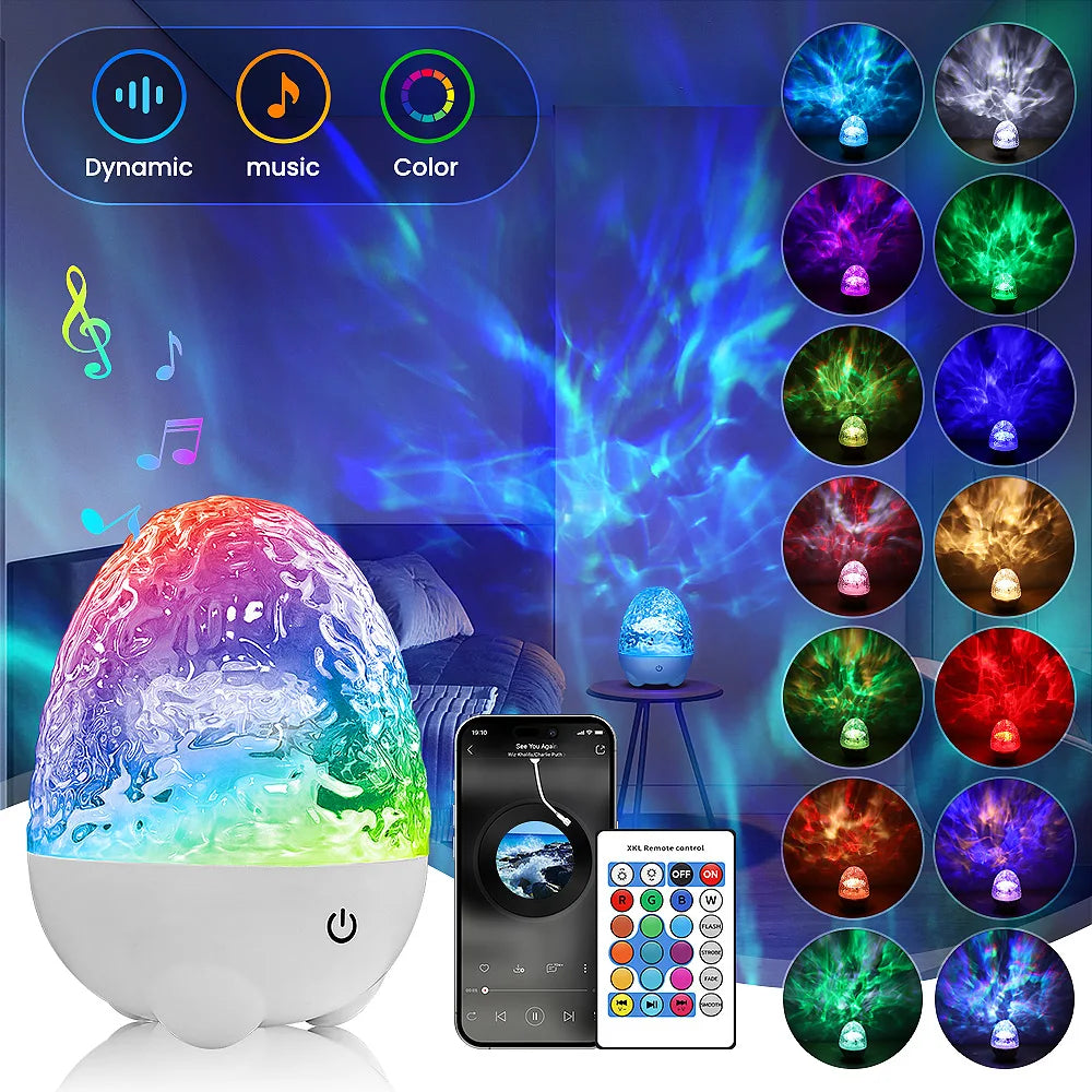 Aurora & Ocean Wave Projector Lamp with Remote, Music Speaker, RGB Effects, Rechargeable Night Light Gift