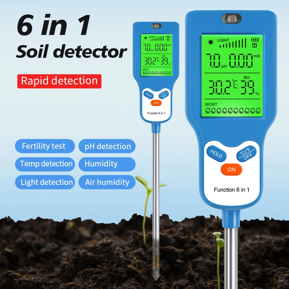 6-in-1 Soil Meter PH Moisture Temperature Light Humidity Fertility Tester LCD Rotate 90° for Garden Farm