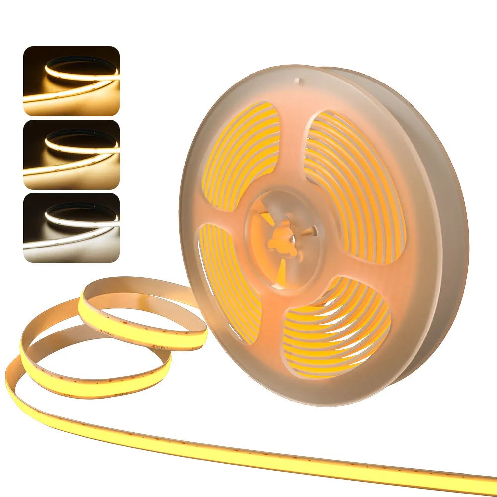 12V/24V 10M FCOB LED Strip Light Warm White High Density Flexible 3000K-6000K Cuttable COB Tape