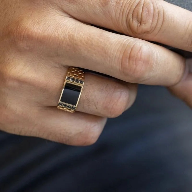Gold Plated Stainless Steel Men's Black Diamond Drip Oil Ring, Sizes 7-13 Wholesale