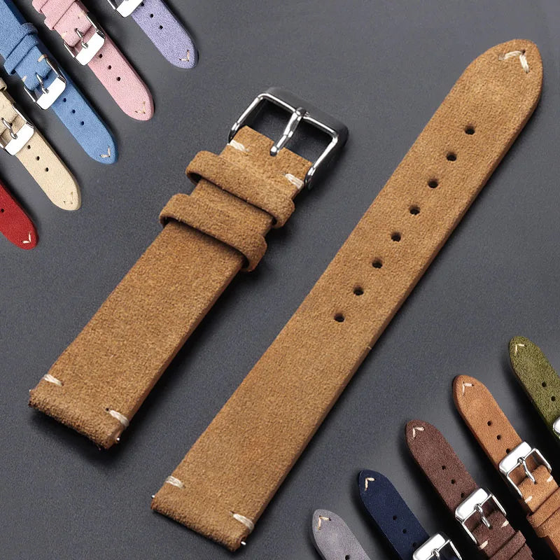 Genuine Suede Leather Quick Release Watch Strap 14-22mm Vintage Brown Wristband
