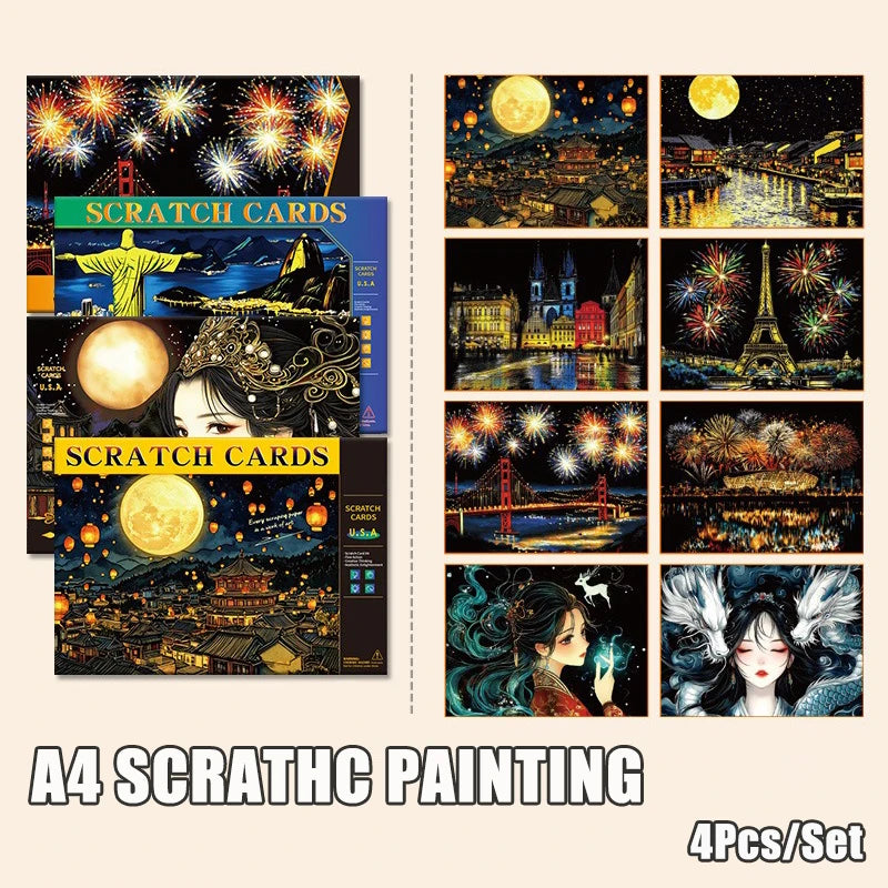 CowLost | product_id-4-pcs-a4-diy-scratch-painting-set-urban-landscapes-character-illustrations |1