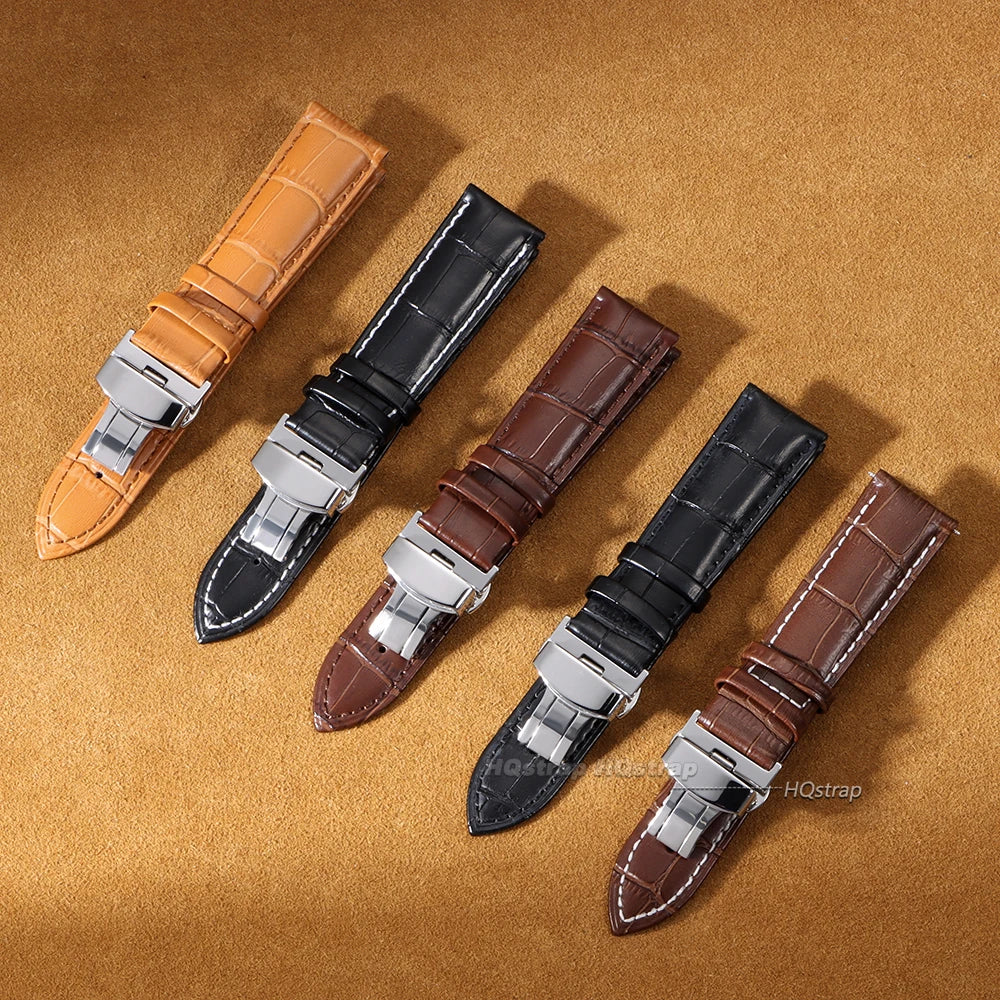 CowLost | product_id-genuine-calfskin-leather-watch-strap-16-24mm-black-with-brown-stitching-butterfly-buckle |2