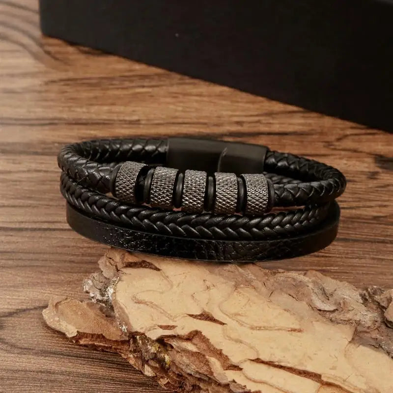 CowLost | punk-men-leather-bracelet-with-stainless-steel-magnetic-clasp-braided-mutilayer |35
