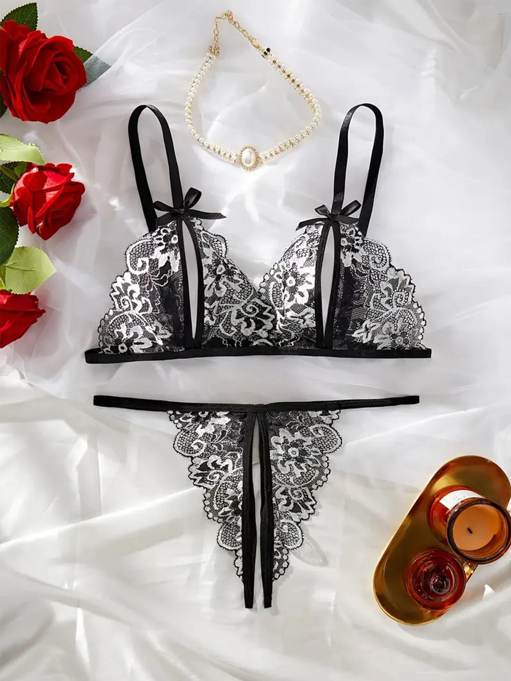CowLost | floral-lace-sexy-lingerie-bow-open-split-cup-intimates-bra-and-thongs-sets |7