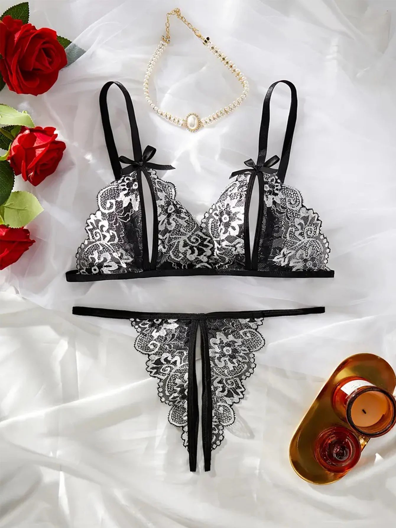 CowLost | floral-lace-sexy-lingerie-bow-open-split-cup-intimates-bra-and-thongs-sets |7
