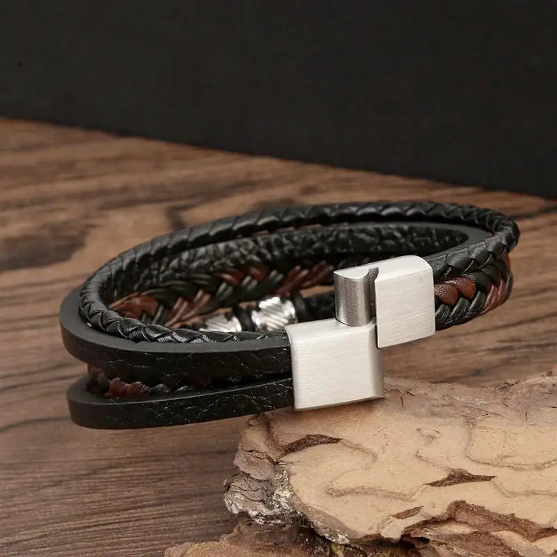 CowLost | punk-men-leather-bracelet-with-stainless-steel-magnetic-clasp-braided-mutilayer |16