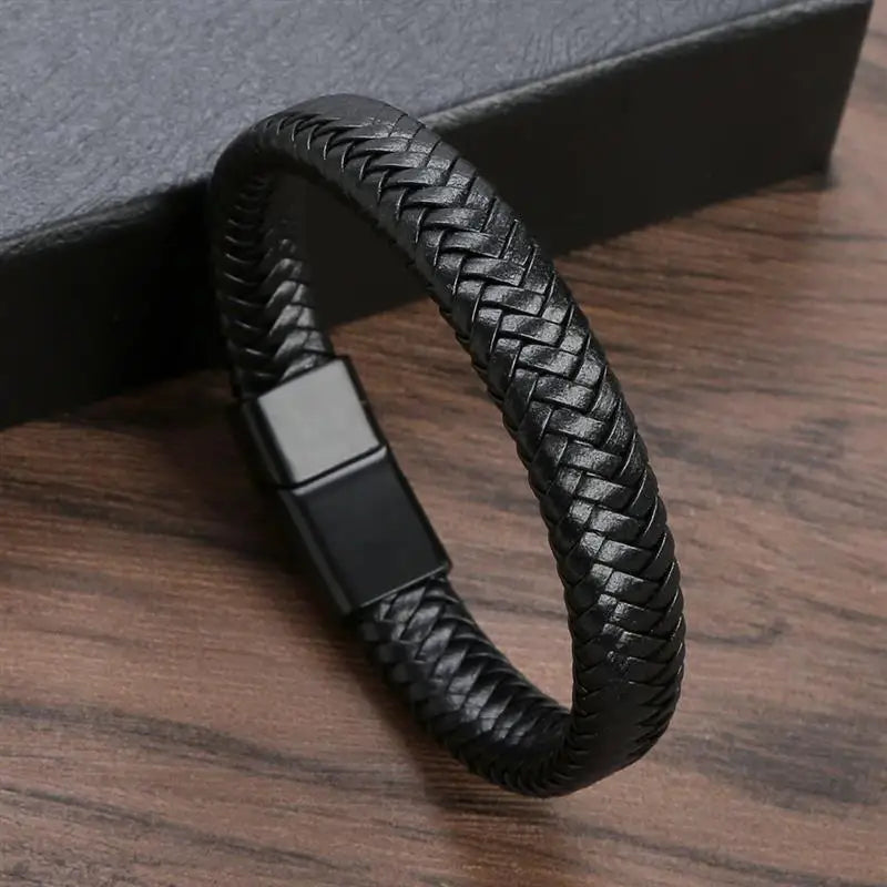 CowLost | jiayiqi-punk-men-jewelry-black-braided-leather-bracelet-stainless-steel-magnetic-clasp |8
